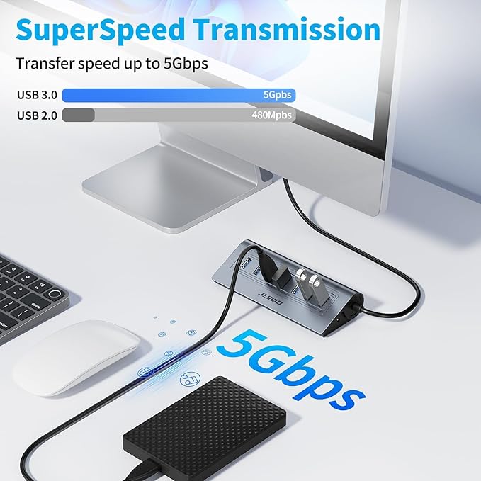 USB Hub 3.0, JESWO Aluminum 7 Port USB 3.0 Hub with 3.3Ft Cable, USB Splitter with 7-USB3.0 Data Ports Compatible with MacBook, Laptop,Surface Pro, PS5, PC and More (No Power Adapter Included)