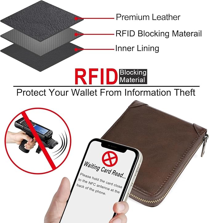 GAEKEAO Zipper Wallet for Men Vegan Leather RFID Blocking Large Capacity Bifold Wallets with ID Window Change Pocket