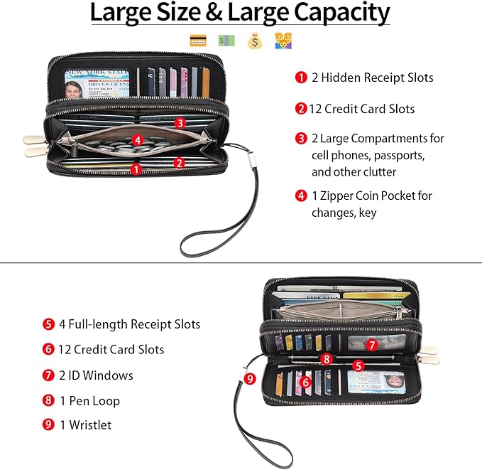 GAEKEAO Wallet for Women Clutch Leather RFID Blocking Wristlet Purse Zip Around Wallets Large Capacity Credit Card Holder
