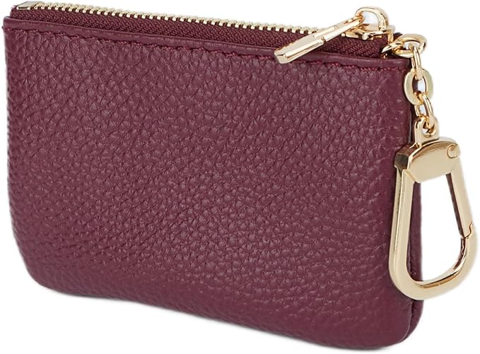 Full Grain Leather Coin Purse with Key Chain - Small Change Purse Keychain Card Holder Keychain Pouch Small Keychain Wallet for Women and Men (Burgundy)