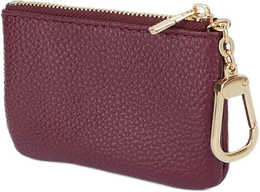 Full Grain Leather Coin Purse with Key Chain - Small Change Purse Keychain Card Holder Keychain Pouch Small Keychain Wallet for Women and Men (Burgundy)