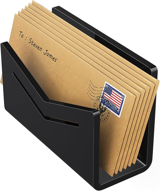 Beego Envelope and Mail Organizer Countertop - Black Acrylic Desk Organizer Letter Holder Desktop File Sorter Bill Document Folder Rack for Office, Home, School Desk Organization