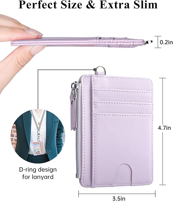 Teskyer Slim Card Holder Wallet with Zip Pocket, RFID Blocking, Total 9 Compartments Large Capacity, 3.5" x 4.7" (Slight Larger Than Usual), Faux Leather - Lilac