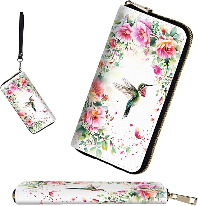 RFID-Blocking Zip Around Wallets for Women with Detachable Wrist Strap,Large Capacity Phone Holder with Card Organizer & Coin Pocket,Hummingbird Pink Flower