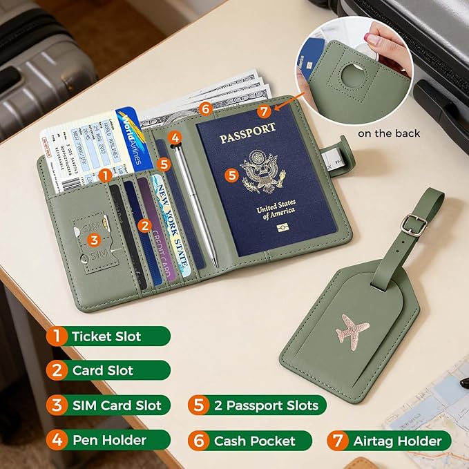Melsbrinna Rfid Passport Holder for Travel women/Men Set Travel Suitcase Tag, Cute Passport Wallet Rfid Blocking Card Slots, Rfid Passport Cover/CaseTravel Wallet (A-mossgreen)