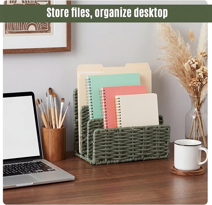 Paper Rattan Mail Organizer for Desk Mail Holder Countertop with 3 Slot Paper Rattan Letter Sorter File Holder Envelope Book Stand Farmhouse Office Desk Organizer and Storage Accessories