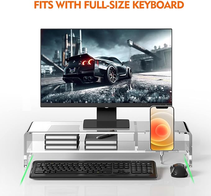 BEYGORM Acrylic Monitor Stand for Full Keyboard, 20" Wide 2-Tier Riser with Storage Shelf and Phone Holder, Desktop Organizer for Laptop, Printer, Screen (Clear)
