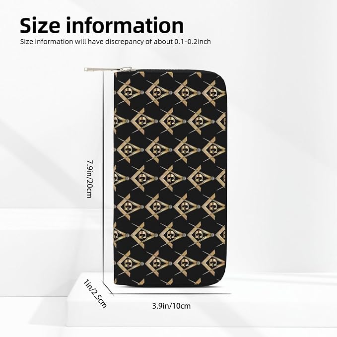 Masonic Square Wallet for Men Women Elegant Long Clutch Zip Around Travel Leather Coin Purse Large Capacity Credit Card Holder Handbag