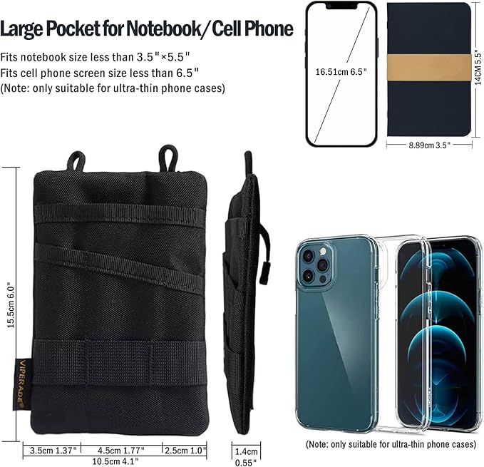 VIPERADE VE1-P Pocket Organizer, EDC Pocket Organizer Men, EDC Organizer Pouch Tool Pouch with 5 Tool Storage EDC Pouch for Flashlight, Pocket Knife, Tactical Pen, EDC Gear (Black)