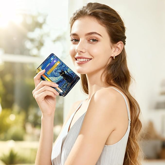 Tipmile Credit Card Holder for Women Slim Minimalist Front Pocket RFID Blocking Wallet Small Compact Card Case with ID Window, Starry Night