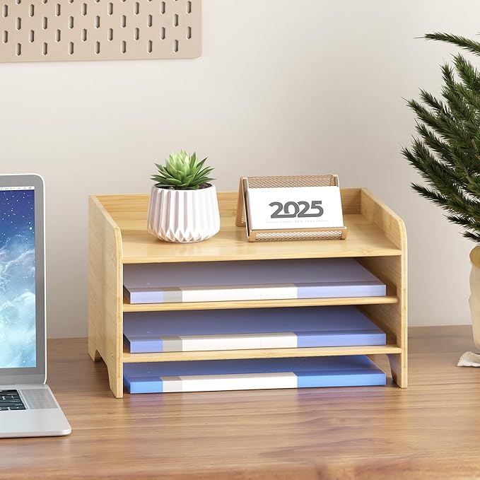 Desk File Organizer 4-Tier Desktop Paper Mail Organizer Document Holder for Home Office Supplies, Office Desk Accessories & Workspace (Nature)