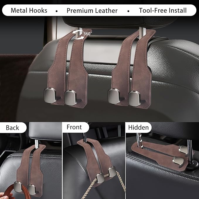 2Pcs Car Headrest Hooks with Premium Leather, Upgraded Double Metal Hooks with Anti-Drop Design, Universal Back Seat Hanger for Bags, Coats, Purses and Groceries (Stylish Brown)