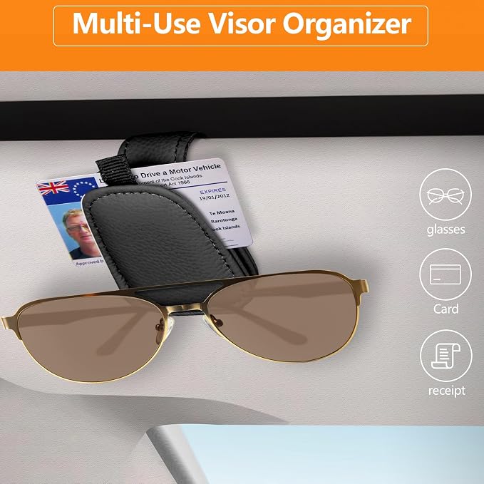 Sunglasses Holders for Car Visor, 2 Pack Magnetic Leather Sunglass Clip for Car Visor, Car Glasses Holder and Ticket Card Clip, Eyeglass Holder for Car Visor Accessories (Black)