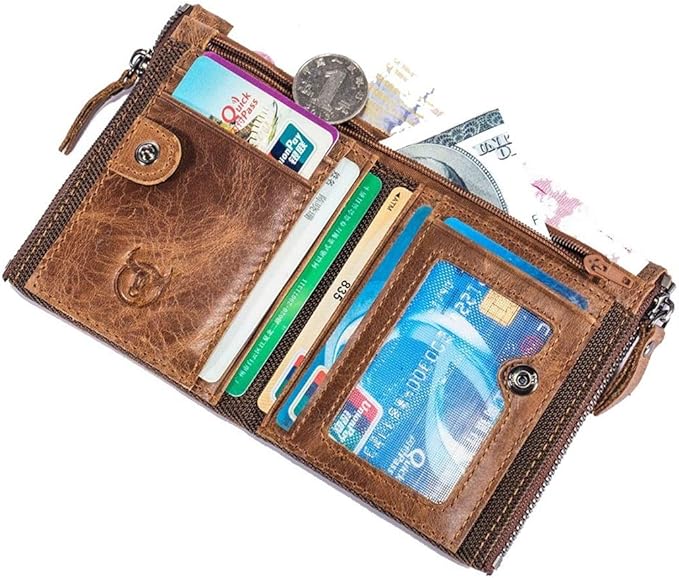 BULLCAPTAIN Genuine Leather Wallet for Men Vintage Bifold with Double Zipper Pockets (Brown)