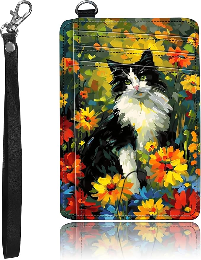 Slim Minimalist Front Pocket Wallet,Credit Card Holder Wallet for Women Men,RFID Blocking Credit Card Holder Case Leather Cute Small Thin Wallet ID Window&Wrist Strap,Watercolor Cat Flower