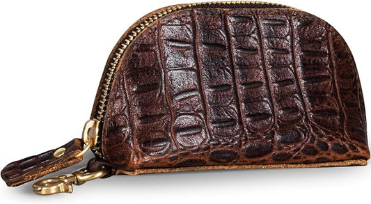 Gexmil Genuine Leather Coin Purse with Zipper, Full Grain Leather, Mini Coin Pouch for Women Men, Change Wallet,Crocodile Brown