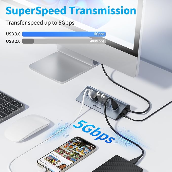 Powered USB Hub, JESWO 7-Port USB 3.0 Hub, Aluminum USB Data Hub with 3.3ft Cable, USB Hub 3.0 Powered with 5V/4A Power Adapter for MacBook, Notebook PC, USB-Flash Drives, Mobile HDD and More (Grey)