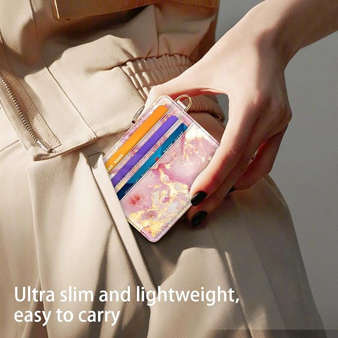 Slim Minimalist Front Pocket RFID Blocking Credit Card Holder Small Wallet Cute Card Cases for Women,Gold Pink