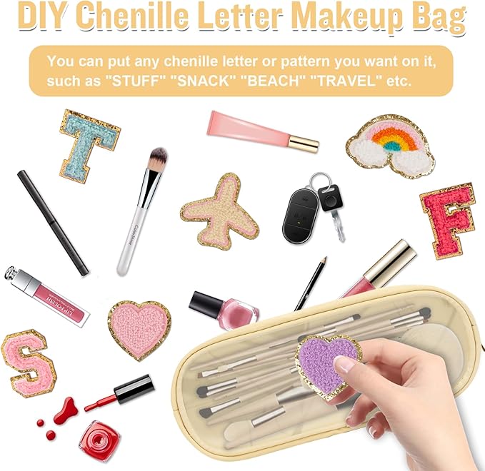 Nylon Small Clear Makeup Bag Slim Pencil Pouch, Cute Makeup Bag Preppy Cosmetic Zipper Pouch Pencil Case for Purse, Travel PVC Toiletry Bag Clutch Coin Pouch Makeup Brush Bag for Women Girls(Beige)