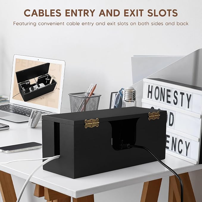 Large Cable Management Box - Wood Cable Organizer Box and Power Strip Box for Electrical Cord Management - Hide Desk Cord and Floor Cables - Wire Storage and Organization for Cords, Black