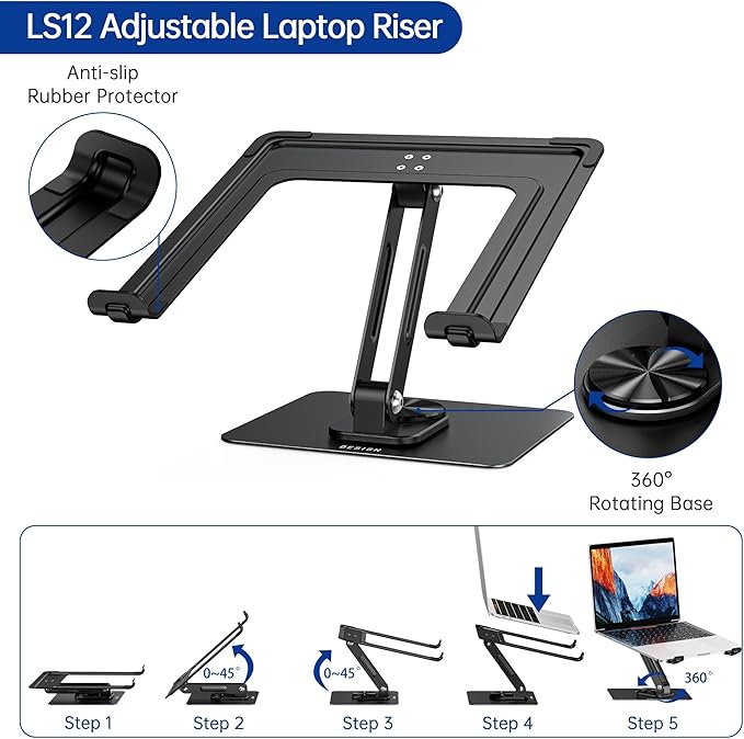 BESIGN LS12 Laptop Stand with 360° Rotating Base, Ergonomic Adjustable Notebook Holder, Computer Riser Stand Compatible with Air, Pro, Dell, HP, Lenovo More 10-14" Laptops (Black)