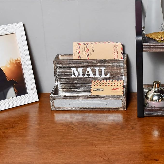 OKSQW Farmhouse Wood Desktop Desk Mail Organizer with 2-Slot Desktop Mail Sorter Holder File Organizer Bill Paper Folder Office Desk Accessories Rustic Office Supplies Home Decor