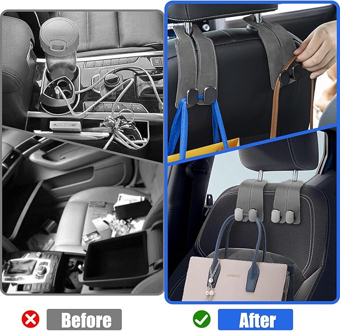 TwinHook Leather Car Headrest Hangers, Car Headrest Hooks for Purse and Bags, 2-in-1 Leather Car Seat Back Storage Hook, Anti-Slip Purse Holder for Car, Supports Up to 50 lbs (Gray-2 Pack)
