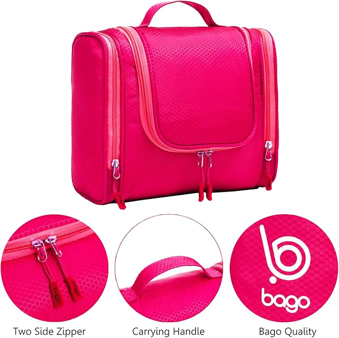 Bago Travel Toiletry Bag for Women and Men - Large Waterproof Hanging Large Toiletry Bag for Bathroom and Travelling Bag for Toiletries Organizer - Travel Makeup Bag (Pink)