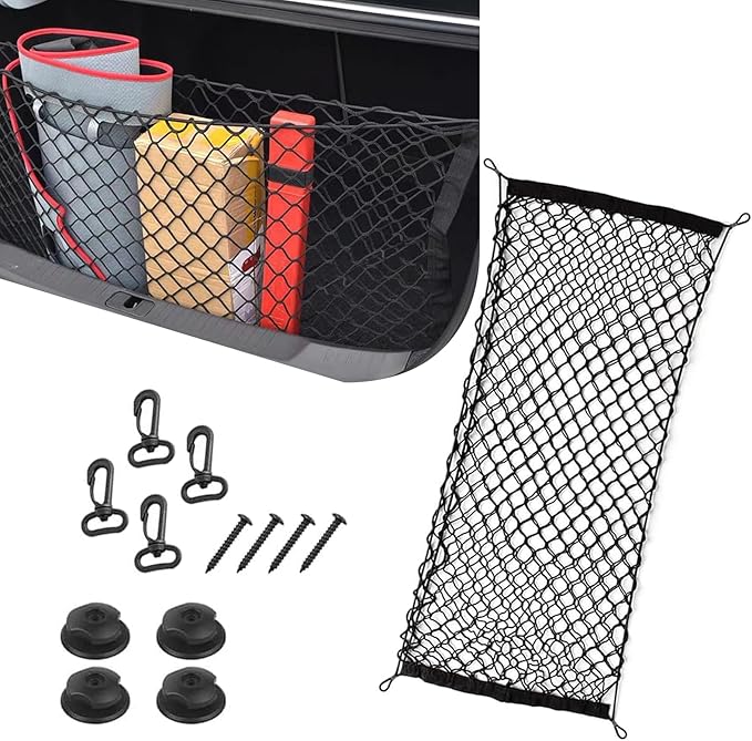 SLIMI 1 PC Rear Cargo Net, Elastic Stretchable Trunk Storage Net, Adjustable Cargo Mesh Net with Hooks, Universal Auto Storage Mesh for Most Cars, SUVs, Trucks (Black)