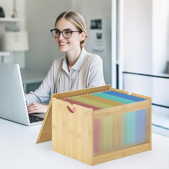 Hanging File Box Organizer for Letter Size, Bamboo Acrylic File Folder Storage with Lid Clear Moving Boxes Wooden with Handle Desktop Wood Filing Holder for Office Nature 1 Pack