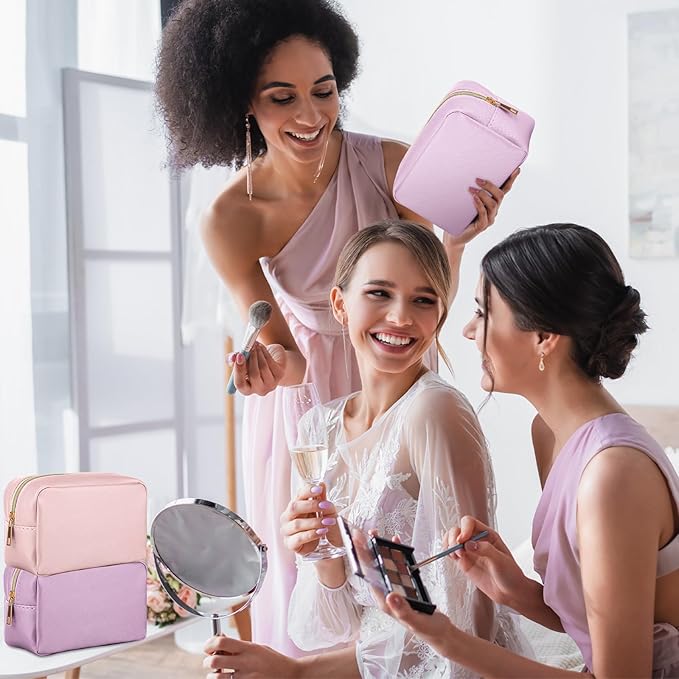 Sweetude 10 Pcs Makeup Bag Bulk for Women Preppy Gift PU Leather Cosmetic Bag Small Skincare Toiletry Pouch Mother Travel Cosmetic Pouch for Bridesmaid Bride Wedding Gift Favors (Pink and Purple)