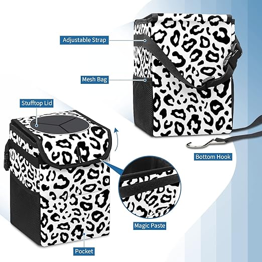Car Trash Can Leopard Wate-rproof Auto Garbage Bag Car Trash Can with Lid Leak-Proof Car Storage Bag Hanging for Headrest Collapsible and Portable with Storage Mesh Pocket