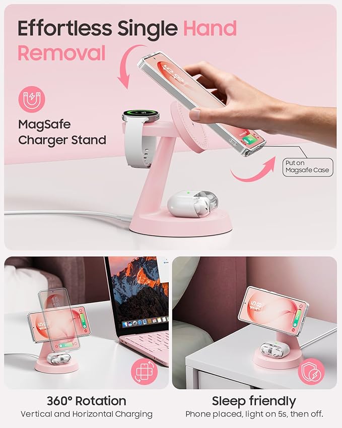 Magnetic Wireless Charger for Samsung, 3 in 1 Charging Station Compatible with MagSafe Samsung Charger for Galaxy S26 Ultra S25 Z Fold7/Flip7, Watch Charger Stand for Galaxy Watch Ultra 8 7, Pink
