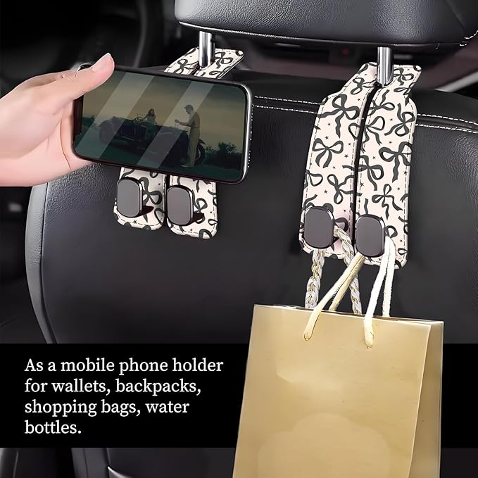 Car Seat Headrest Hook, Universal Leather Cute Hanger Holder Hook, Storage Organizer Interior Accessories for Purse Bags Handbag Luxury Black Bowtie