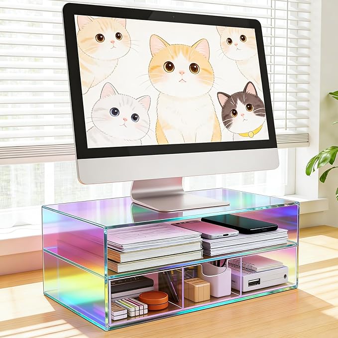 Gelite Acrylic Computer Monitor Stand for Desk Monitor Riser with Drawer Desktop Monitor Shelf with Storage, Iridescent