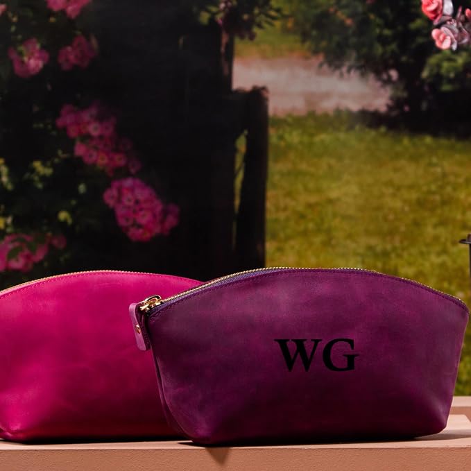 Blade Premium Personalized Genuine Leather Cosmetic Makeup Bag - Wedding Gift for Bridesmaid, Travel Organizer Clutch for Women with Zipper Pouch for Toiletry Essentials (Purple)