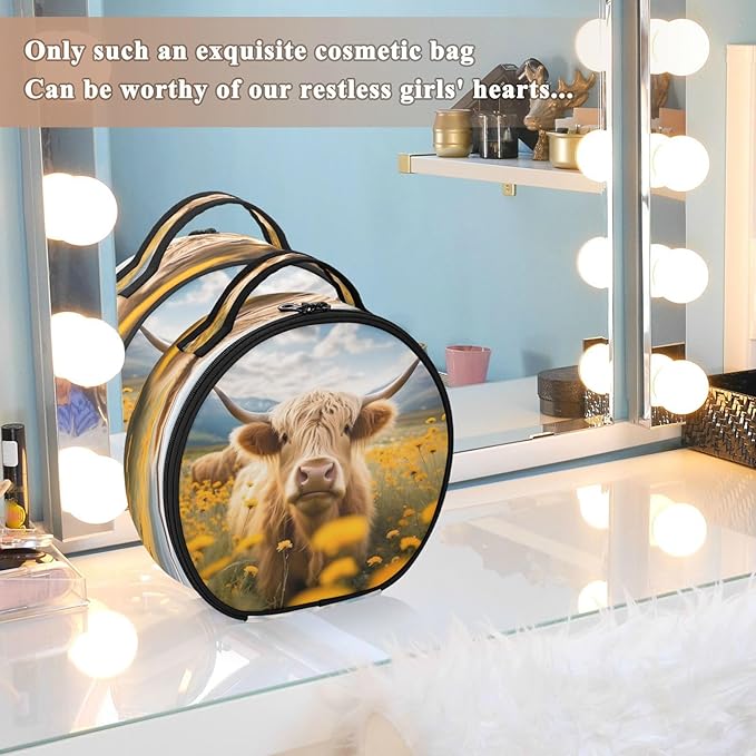 senya Round Cosmetic Pouch Travel Makeup Train Case Bull Flowers Makeup Organizer Bag with Adjustable Dividers Portable for Cosmetics Makeup Brushes Toiletry Jewelry Accessories