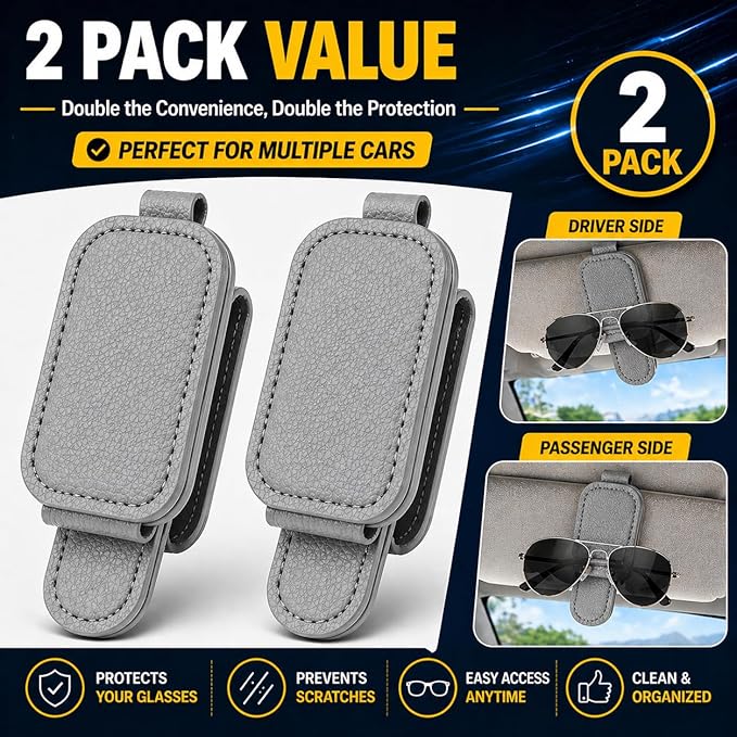 Magnetic Sunglasses Holder for Car Visor, Leather Visor Clip with Card & Ticket Slot, Secure No-Scratch Design, 2-Pack (Gray)