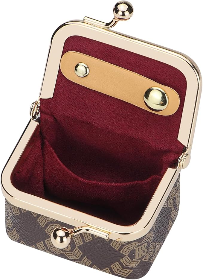 Royal Bagger Genuine Cow Leather Mini Jewelry Box Women's Coin Purse Solid Color Kiss Lock Change Pouch Casual Style Small Storage Bag for Women 1894 (Coffee-6894)