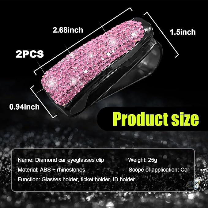 Dickno 2 PCS Bling Sunglasses Holder for Car Sun Visor, Crystal Rhinestones Eyeglasses Hanger Mount with Ticket Card Clip, Universal Vehicle Visor Decor Accessories for Women (Pink)