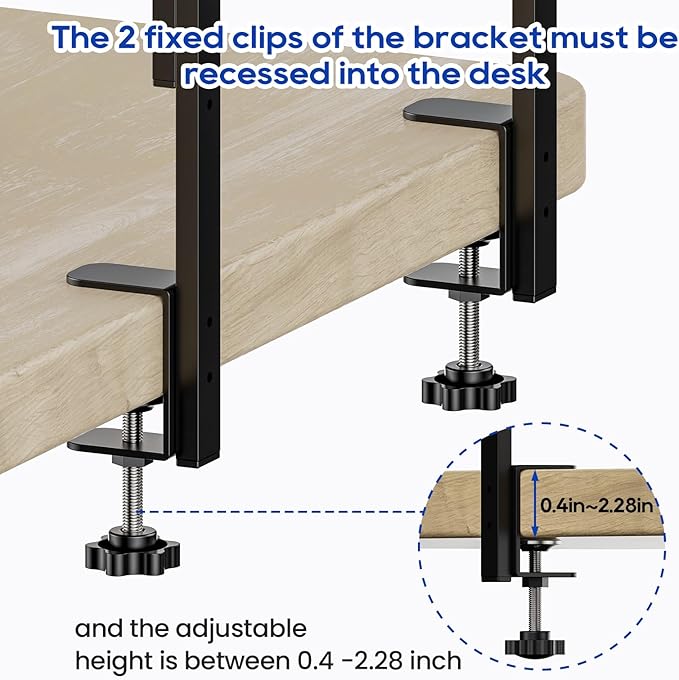 Clamp On Desk Shelf 2-Tier, 16.5 in Wood Shelving Unit for Office Desk/Gaming Accessories, Tabletop Book Storage Rack, Shelf for Top of Desk, Black