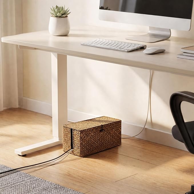 BTSKY Woven Cable Management Box with Lid, Seagrass Cord Organizer with 2 Open Slots for Power Strips & USB Hubs, Under Desk Cord Hider Box for Home Office, Pet Proofing Wire Basket, Large