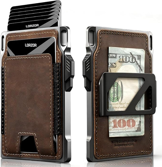 LORZOR Slim Tactical Wallet for Men- Minimalist Front Pocket Full Grain Leather Wallet for 10 Cards, RFID Blocking Aluminum Cardholder, Smart Pop Up Card Case, Money Clip, Gift Boxed(DistressBrown)