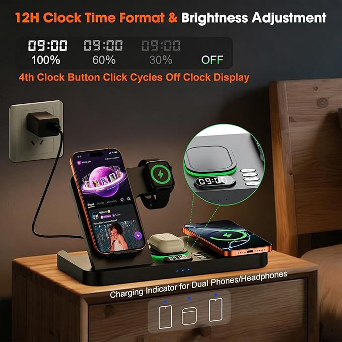 Dual Phone Magnetic Wireless Charging Station for Apple Ecosystem, Wireless Charging Station for Apple Devices with Auto Switch 7-Color Light & Clock,for iPhone17,for iwatch11, for AirPods Pro3(Black