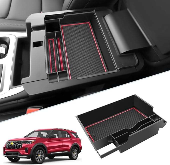 SKTU for 2024 2025 2026 Ford Explorer Accessories Center Console Organizer for 2020-2026 Ford Explorer Console Tray 2023 2024 2025 2026 Explorer Middle Console Organizer with Coin Holder (Red)