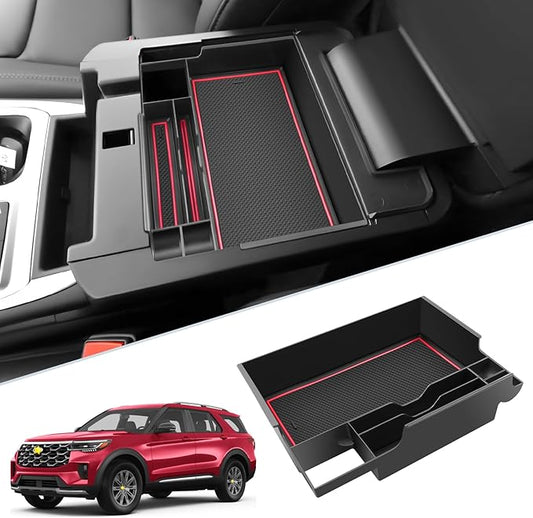 SKTU for 2024 2025 2026 Ford Explorer Accessories Center Console Organizer for 2020-2026 Ford Explorer Console Tray 2023 2024 2025 2026 Explorer Middle Console Organizer with Coin Holder (Red)