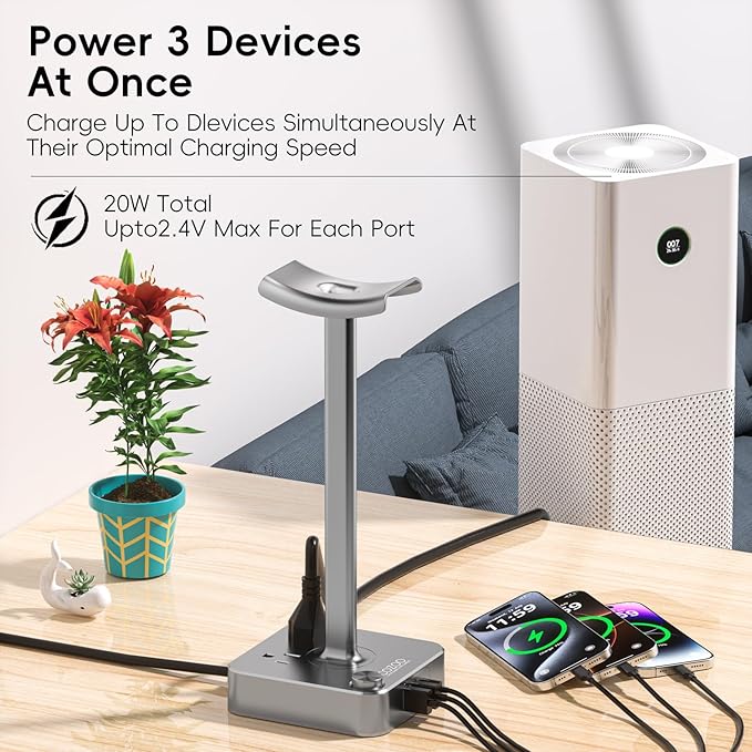 Headphone Stand with PD Fast Charger & QC3.0,Gaming Headset Holder with 3 USB Ports 2 AC Outlets for Desk,Cool Gamer Gifts for Men,Boyfriend,Teen Boys,Friends – Perfect Gaming Accessories & Room Setup