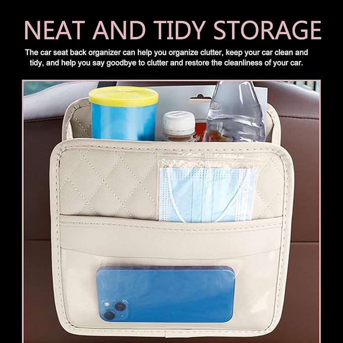 Car Seat Back Organizer, PU Leather Auto Hanging Storage Pocket, Multipurpose Upgrade Waterproof Back Seat Organizer, Travel Essential Accessory, Universal for Most Cars (Beige)