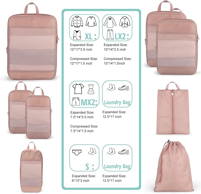Compression Packing Cubes for Travel, Bunnychill Portable Zipper Packing Cube for Cloting, Expandable Space Saver Storage Luggage Organizer Bags for Suitcases