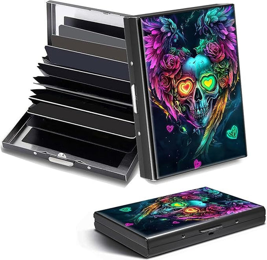 Credit Card Holder, Art Skull Design Mini RFID Blocking Aluminum Wallet Slim Metal Hard Case Shell Travel Wallet ID Case Small Credit Cards Case Business Cards for Women Men Girls